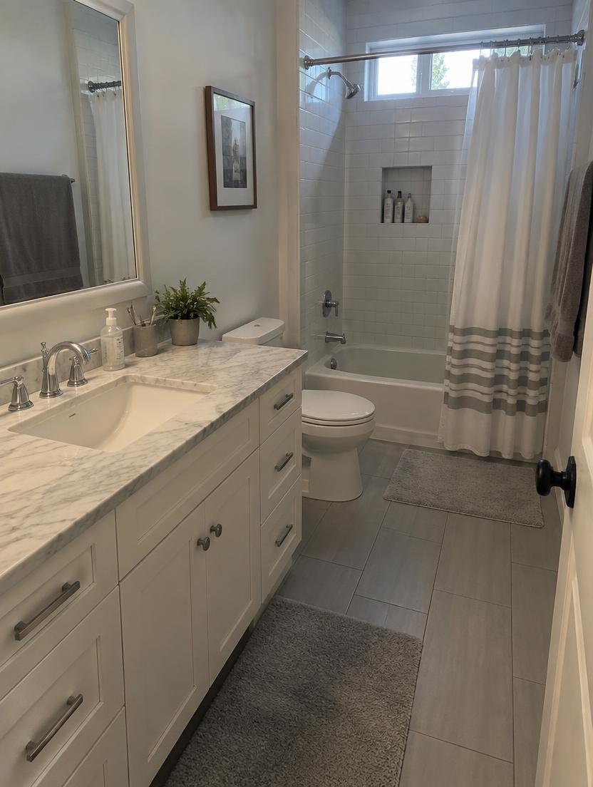 Bathroom vanity with a Calacatta Roma marble countertop and marble backsplash